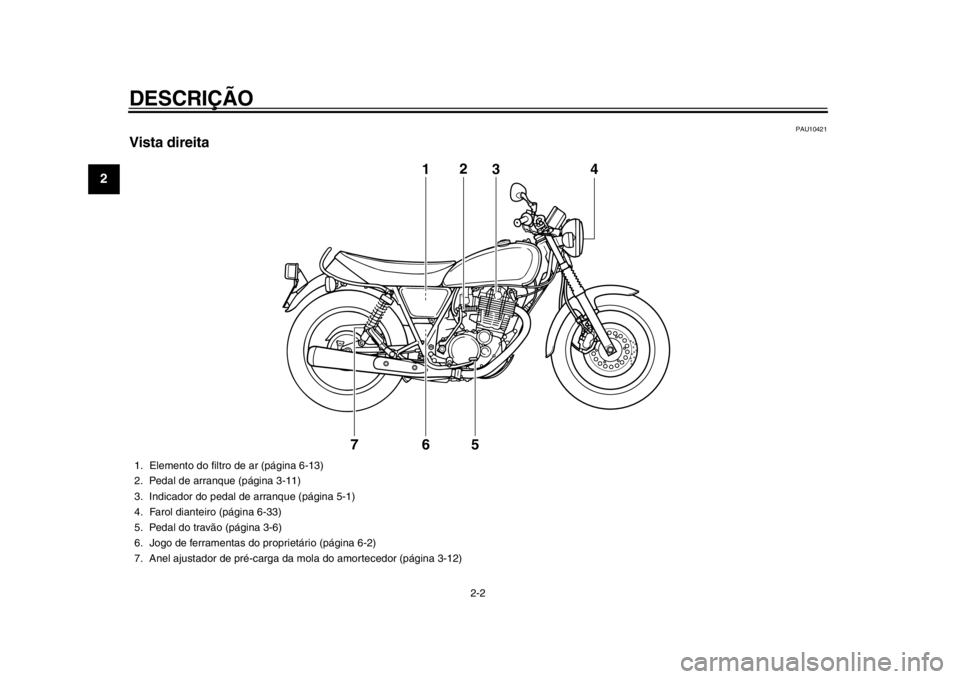 YAMAHA SR400 2014 Manual de utilização (in Portuguese) DESCRIÇÃO
2-2
12
3
4
5
6
7
8
9
10
11
12
PAU10421
Vista direita
1 2
4
56
3
7
1. Elemento do filtro de ar (página 6-13)
2. Pedal de arranque (página 3-11)
3. Indicador do pedal de arranque (página YAMAHA SR400 2014 Manual de utilização (in Portuguese) DESCRIÇÃO
2-2
12
3
4
5
6
7
8
9
10
11
12
PAU10421
Vista direita
1 2
4
56
3
7
1. Elemento do filtro de ar (página 6-13)
2. Pedal de arranque (página 3-11)
3. Indicador do pedal de arranque (página