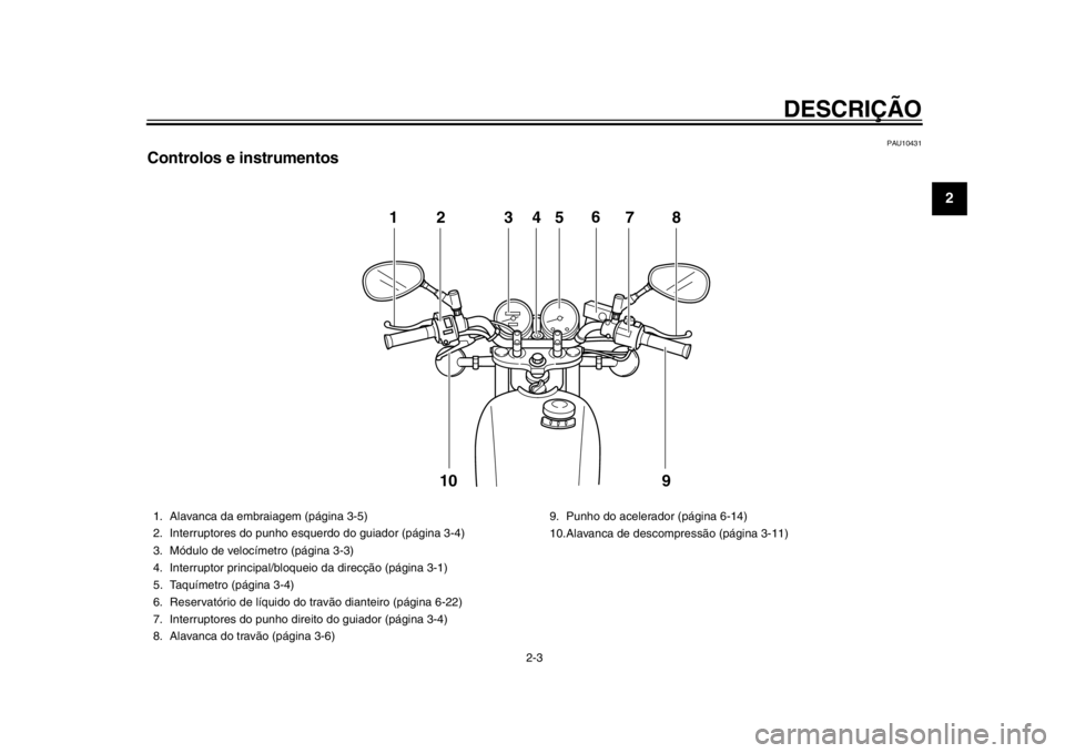 YAMAHA SR400 2014 Manual de utilização (in Portuguese) DESCRIÇÃO
2-3
123
4
5
6
7
8
9
10
11
12
PAU10431
Controlos e instrumentos
12 345 78
9
6
10
1. Alavanca da embraiagem (página 3-5)
2. Interruptores do punho esquerdo do guiador (página 3-4)
3. Módu YAMAHA SR400 2014 Manual de utilização (in Portuguese) DESCRIÇÃO
2-3
123
4
5
6
7
8
9
10
11
12
PAU10431
Controlos e instrumentos
12 345 78
9
6
10
1. Alavanca da embraiagem (página 3-5)
2. Interruptores do punho esquerdo do guiador (página 3-4)
3. Módu