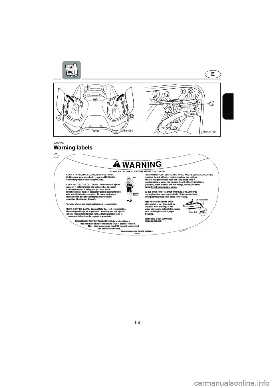 YAMAHA SUV 1200 2003 User Guide 1-4
E
EJU01989
Warning labels 
1
UGU572.book  Page 4  Wednesday, August 28, 2002  1:31 PM 
