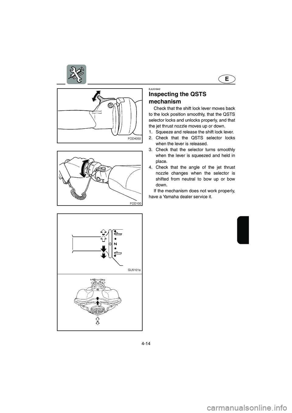 YAMAHA SUV 1200 2003  Owners Manual 4-14
E
EJU01842
Inspecting the QSTS 
mechanism 
Check that the shift lock lever moves back
to the lock position smoothly, that the QSTS
selector locks and unlocks properly, and that
the jet thrust noz