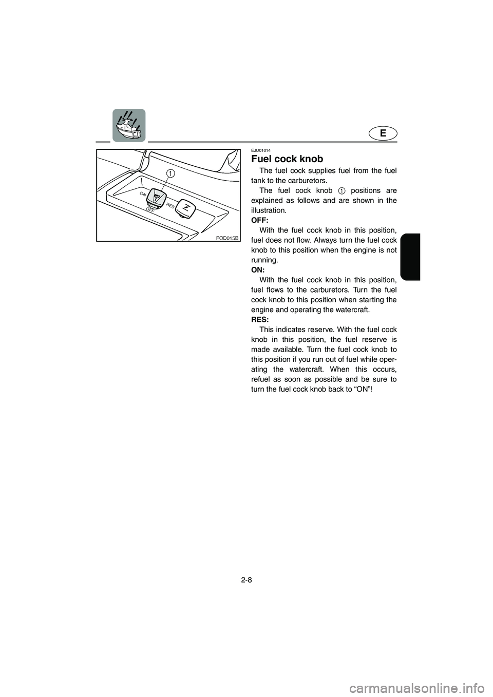 YAMAHA SUV 1200 2003 Owners Guide 2-8
E
EJU01014 
Fuel cock knob  
The fuel cock supplies fuel from the fuel
tank to the carburetors. 
The fuel cock knob 1 positions are
explained as follows and are shown in the
illustration. 
OFF: 
W