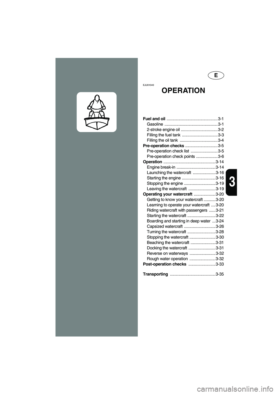 YAMAHA SUV 1200 2003  Owners Manual E
3
EJU01040 
OPERATION
Fuel and oil ............................................... 3-1
Gasoline ................................................. 3-1
2-stroke engine oil ............................