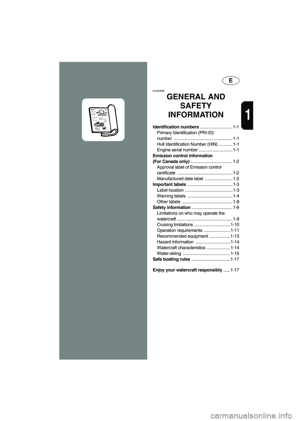 YAMAHA SUV 1200 2003  Owners Manual E
1
EJU00993 
GENERAL AND 
SAFETY 
INFORMATION
Identification numbers ............................ 1-1
Primary Identification (PRI-ID) 
number ................................................... 1-1
H