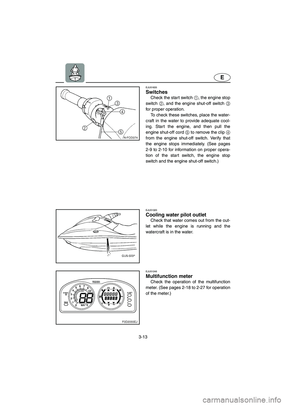 YAMAHA SUV 1200 2003 Repair Manual 3-13
E
EJU01835
Switches 
Check the start switch 1, the engine stop
switch 2, and the engine shut-off switch 3
for proper operation. 
To check these switches, place the water-
craft in the water to pr