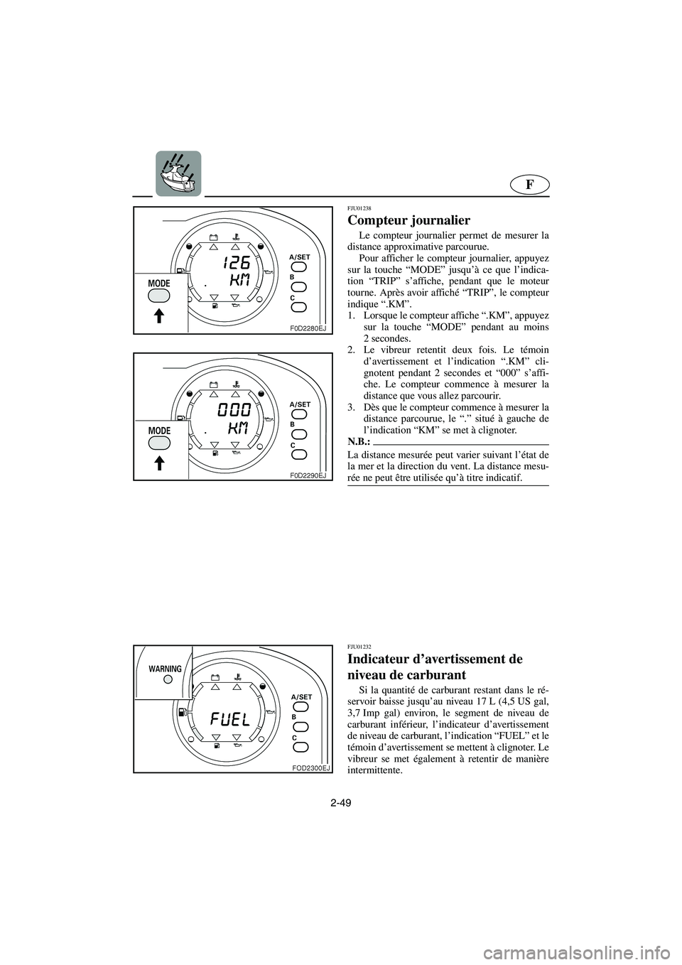YAMAHA SUV 1200 2003  Notices Demploi (in French) 2-49
F
FJU01238 
Compteur journalier  
Le compteur journalier permet de mesurer la
distance approximative parcourue. 
Pour afficher le compteur journalier, appuyez
sur la touche “MODE” jusqu’à 