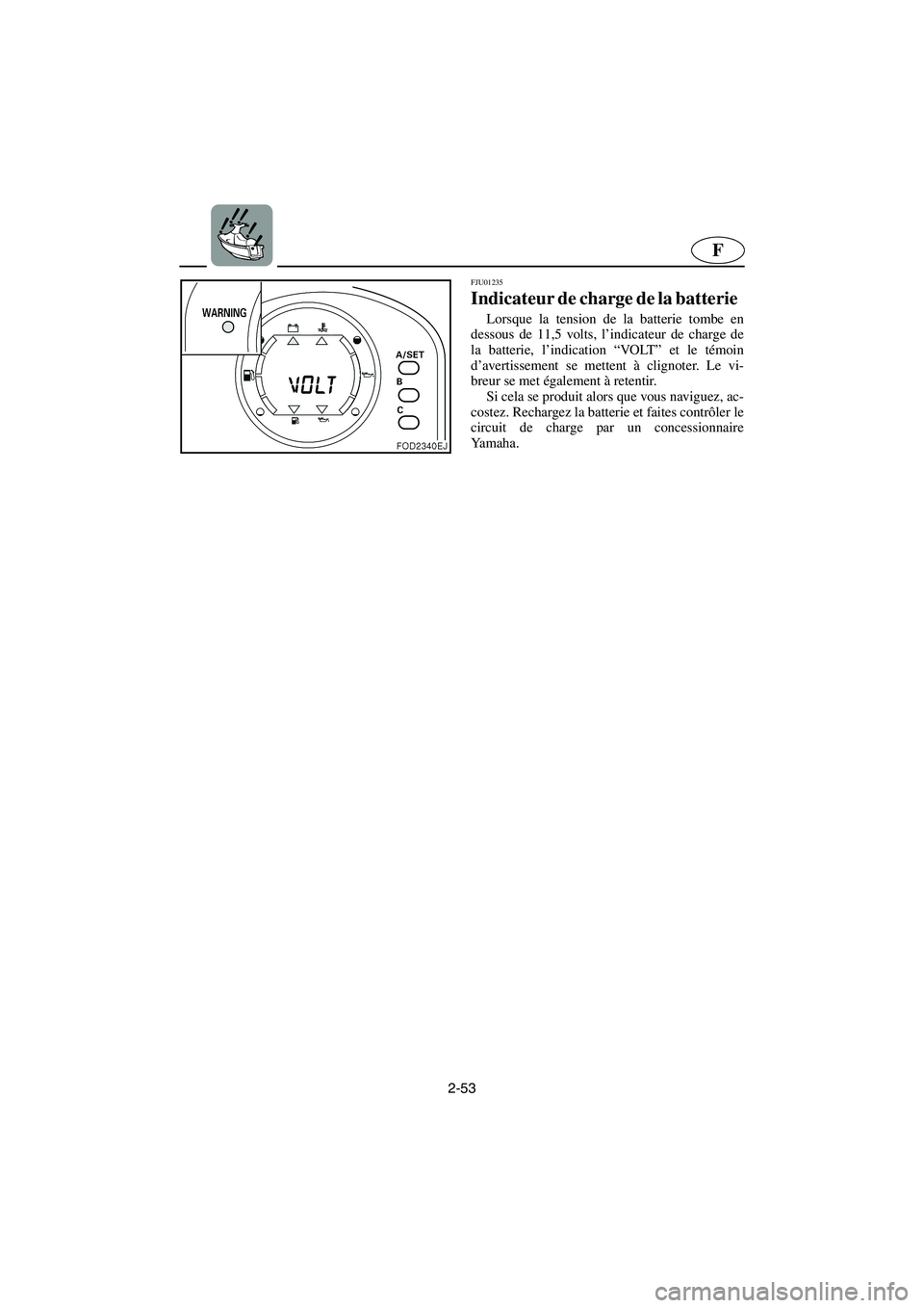 YAMAHA SUV 1200 2003  Notices Demploi (in French) 2-53
F
FJU01235 
Indicateur de charge de la batterie  
Lorsque la tension de la batterie tombe en
dessous de 11,5 volts, l’indicateur de charge de
la batterie, l’indication “VO LT” et le témo