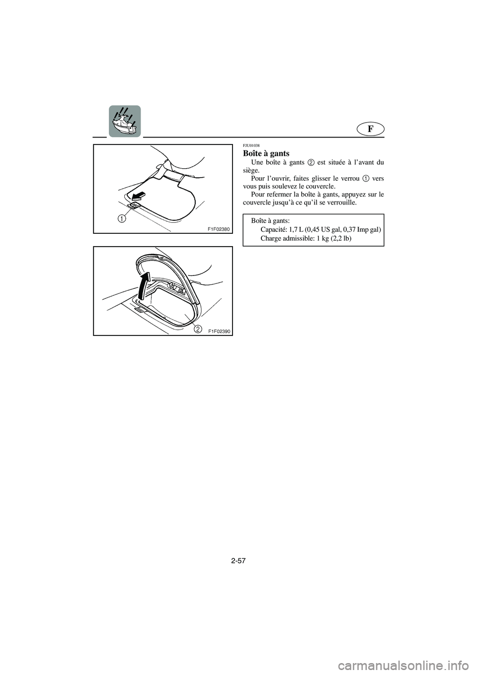 YAMAHA SUV 1200 2003  Notices Demploi (in French) 2-57
F
FJU01038 
Boîte à gants  
Une boîte à gants 2
 est située à l’avant du
siège. 
Pour l’ouvrir, faites glisser le verrou 1
 vers
vous puis soulevez le couvercle. 
Pour refermer la boî