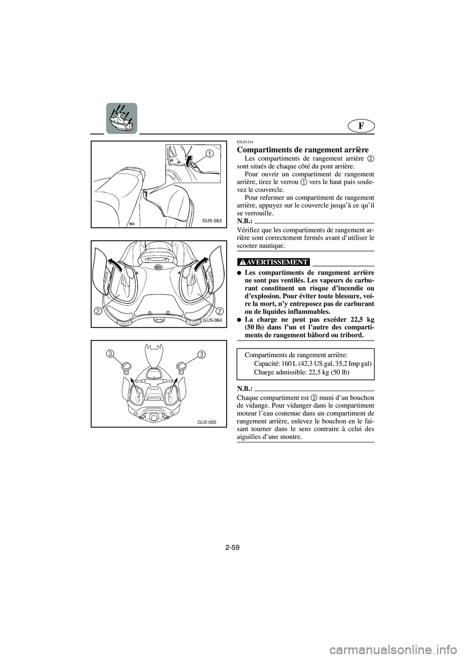 YAMAHA SUV 1200 2003  Notices Demploi (in French) 2-59
F
FJU01314 
Compartiments de rangement arrière  
Les compartiments de rangement arrière 2
sont situés de chaque côté du pont arrière. 
Pour ouvrir un compartiment de rangement
arrière, tir