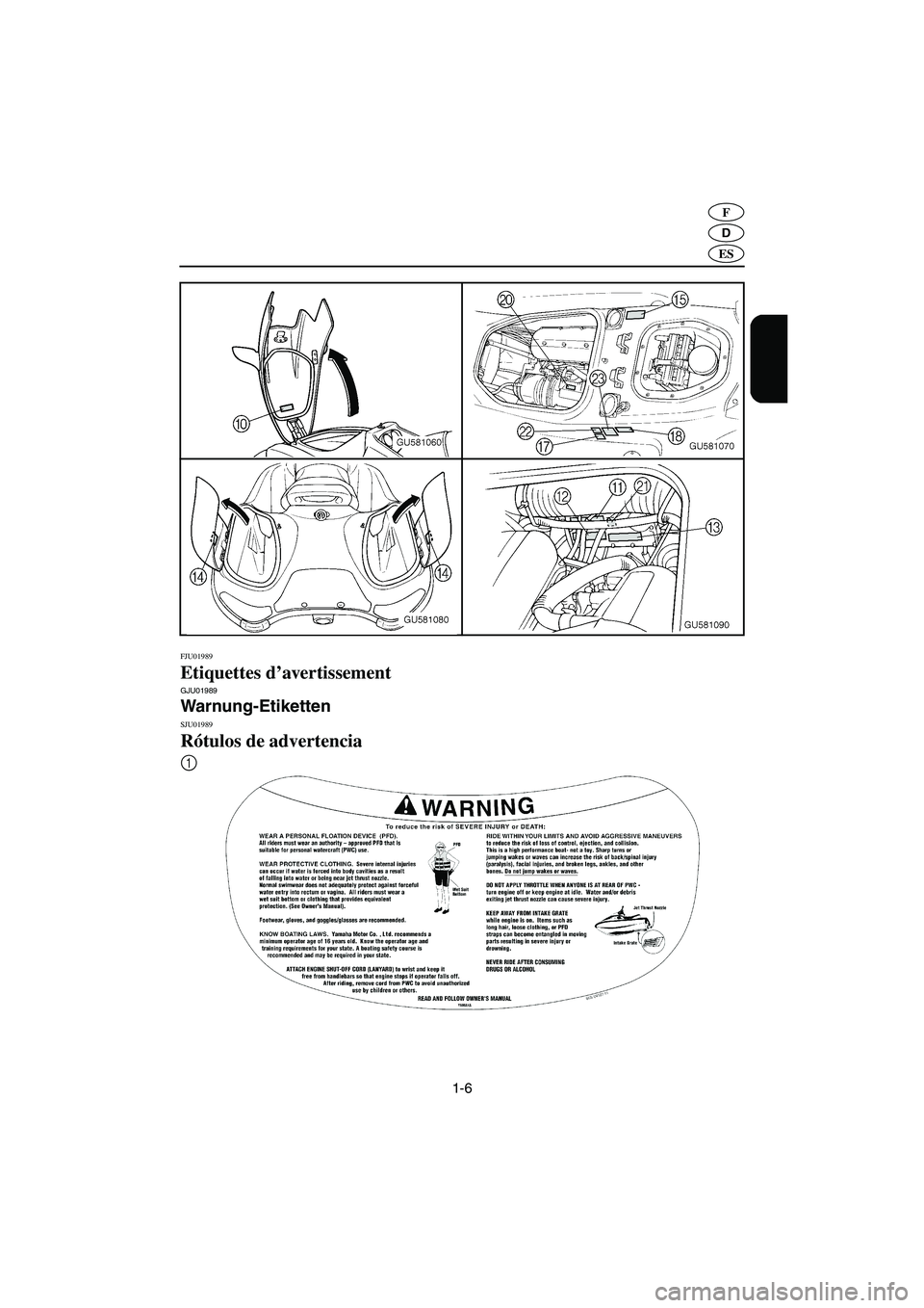YAMAHA SUV 1200 2003 Notices Demploi (in French) 1-6
D
F
ES
FJU01989
Etiquettes d’avertissement GJU01989
Warnung-Etiketten
SJU01989
Rótulos de advertencia
1
UGU582A0.book Page 6 Friday, August 30, 2002 11:22 AM YAMAHA SUV 1200 2003 Notices Demploi (in French) 1-6
D
F
ES
FJU01989
Etiquettes d’avertissement GJU01989
Warnung-Etiketten
SJU01989
Rótulos de advertencia
1
UGU582A0.book Page 6 Friday, August 30, 2002 11:22 AM