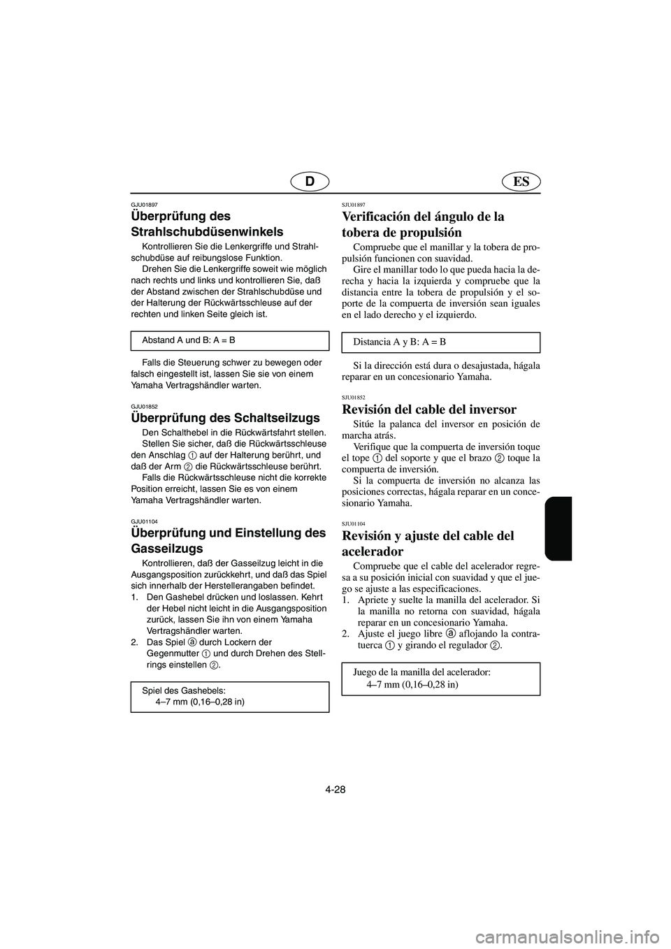 YAMAHA SUV 1200 2003  Notices Demploi (in French) 4-28
ESD
GJU01897 
Überprüfung des 
Strahlschubdüsenwinkels  
Kontrollieren Sie die Lenkergriffe und Strahl-
schubdüse auf reibungslose Funktion. 
Drehen Sie die Lenkergriffe soweit wie möglich 
