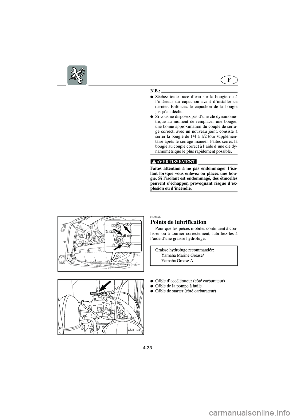 YAMAHA SUV 1200 2003  Notices Demploi (in French) 4-33
F
N.B.:@ Séchez toute trace d’eau sur la bougie ou à
l’intérieur du capuchon avant d’installer ce
dernier. Enfoncez le capuchon de la bougie
jusqu’au déclic. 
Si vous ne disposez pa