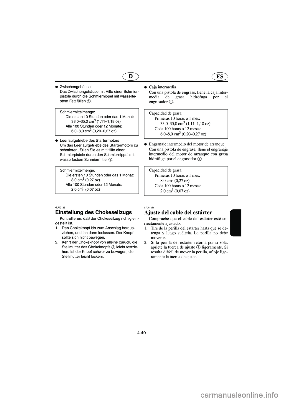 YAMAHA SUV 1200 2003  Notices Demploi (in French) 4-40
ESD
Zwischengehäuse 
Das Zwischengehäuse mit Hilfe einer Schmier-
pistole durch die Schmiernippel mit wasserfe-
stem Fett füllen 1
. 
Leerlaufgetriebe des Star termotors 
Um das Leerlaufgetr