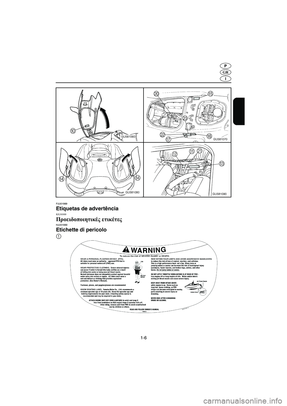 YAMAHA SUV 1200 2003 Manuale duso (in Italian) 1-6
GR
P
I
PJU01989
Etiquetas de advertência
RJU01989
Προειδοποιητικές ετικέτες HJU01989
Etichette di pericolo
1
UGU582B0.book Page 6 Thursday, August 29, 2002 2:47 PM YAMAHA SUV 1200 2003 Manuale duso (in Italian) 1-6
GR
P
I
PJU01989
Etiquetas de advertência
RJU01989
Προειδοποιητικές ετικέτες HJU01989
Etichette di pericolo
1
UGU582B0.book Page 6 Thursday, August 29, 2002 2:47 PM