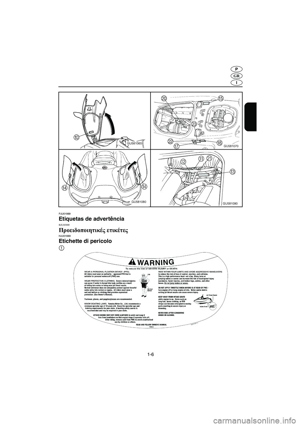 YAMAHA SUV 1200 2003  Manual de utilização (in Portuguese) 1-6
GR
P
I
PJU01989
Etiquetas de advertência 
RJU01989
Προειδοποιητικές ετικέτες HJU01989
Etichette di pericolo 
1
UGU582B0.book  Page 6  Thursday, August 29, 2002  2:47 PM 