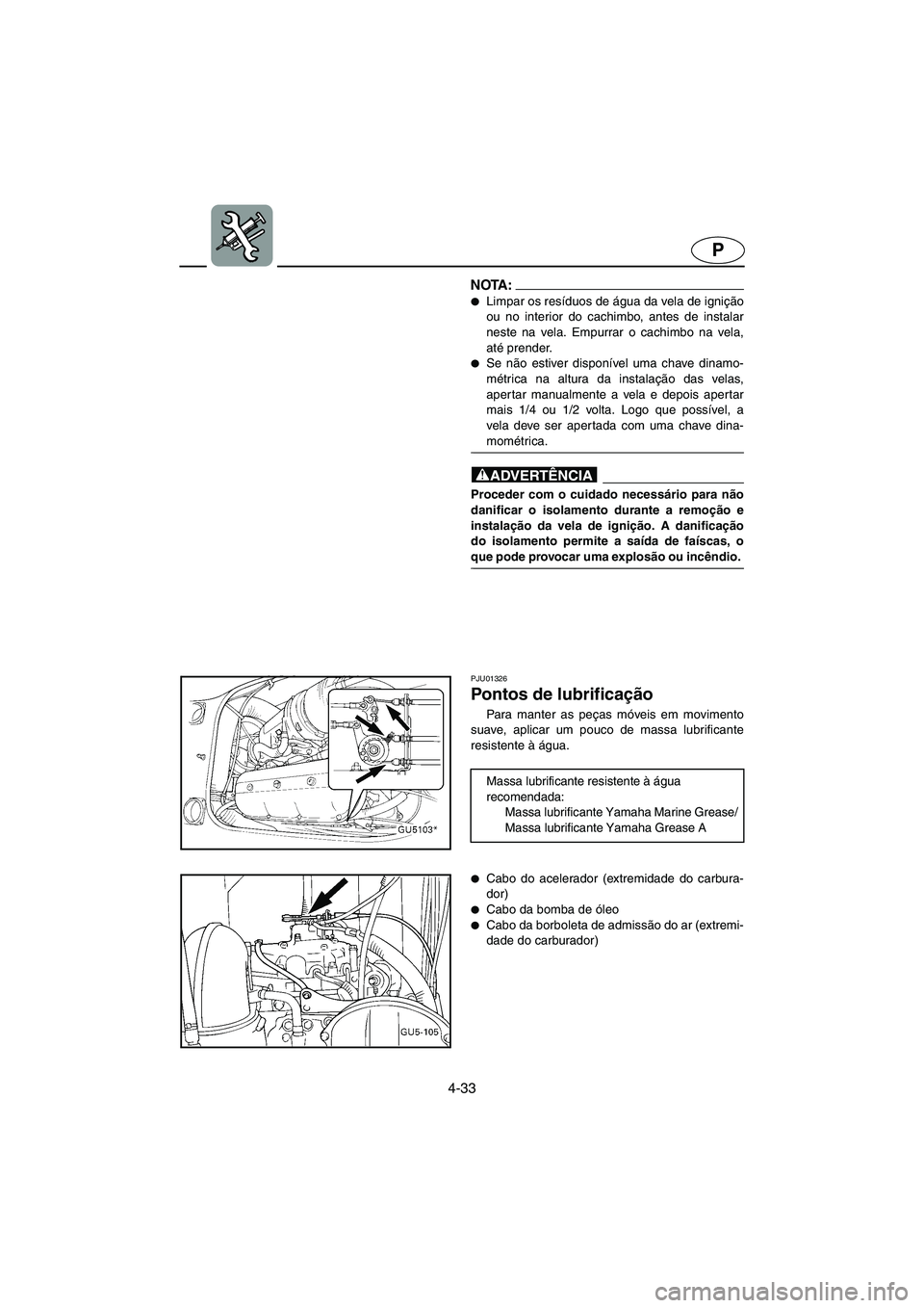 YAMAHA SUV 1200 2003  Manuale duso (in Italian) 4-33
P
NOTA :@ Limpar os resíduos de água da vela de ignição
ou no interior do cachimbo, antes de instalar
neste na vela. Empurrar o cachimbo na vela,
até prender. 
Se não estiver disponível 