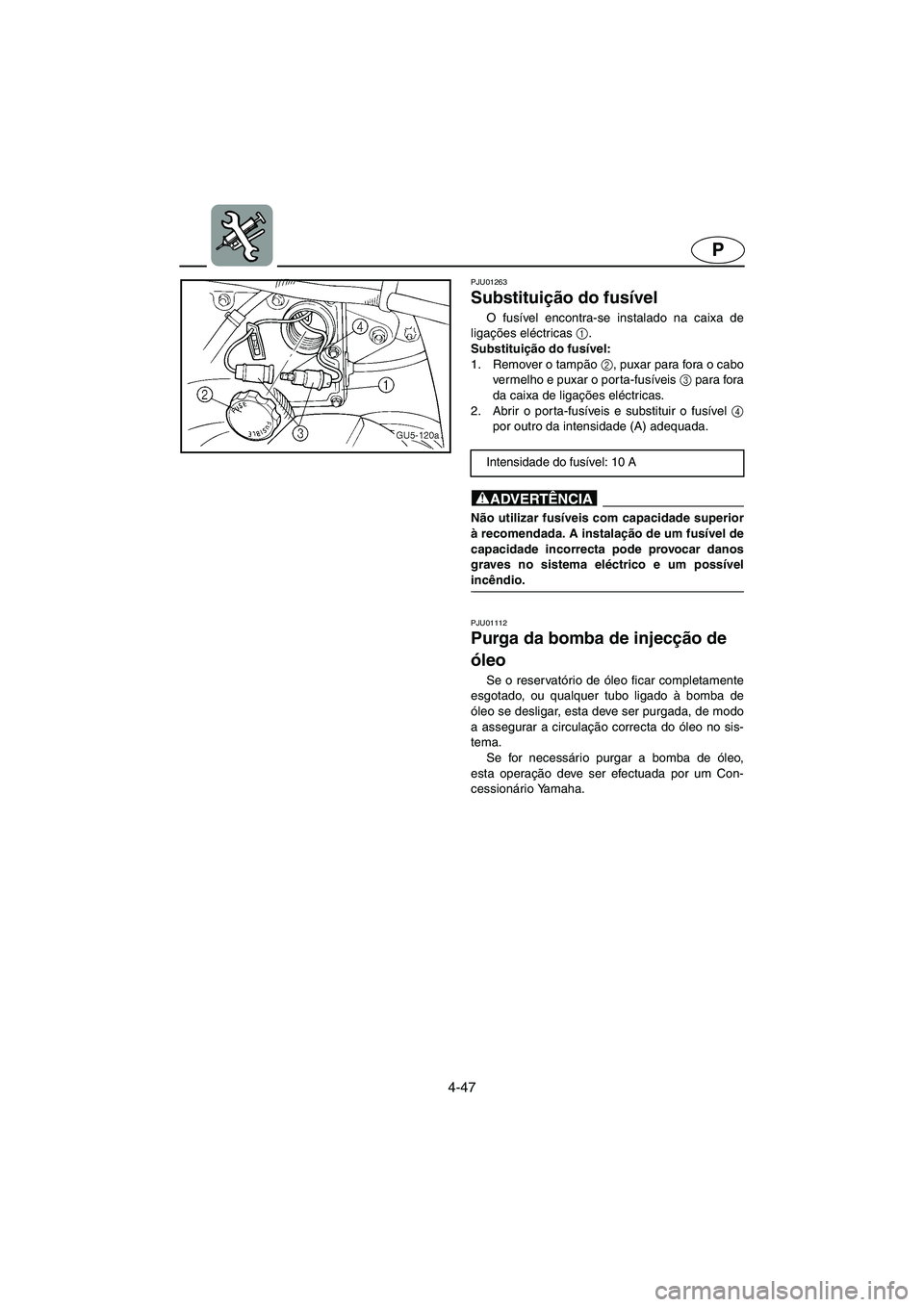 YAMAHA SUV 1200 2003  Manuale duso (in Italian) 4-47
P
PJU01263 
Substituição do fusível  
O fusível encontra-se instalado na caixa de
ligações eléctricas 1
. 
Substituição do fusível: 
1. Remover o tampão 2
, puxar para fora o cabo
verm