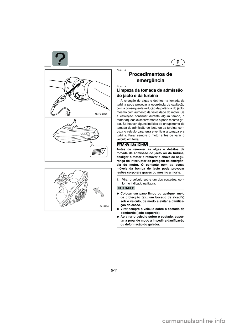 YAMAHA SUV 1200 2003 Manuale duso (in Italian) 5-11
P
PJU01118
Procedimentos de
emergência
PJU01119
Limpeza da tomada de admissão
do jacto e da turbina
A retenção de algas e detritos na tomada da
turbina pode provocar a ocorrência de c YAMAHA SUV 1200 2003 Manuale duso (in Italian) 5-11
P
PJU01118
Procedimentos de
emergência
PJU01119
Limpeza da tomada de admissão
do jacto e da turbina
A retenção de algas e detritos na tomada da
turbina pode provocar a ocorrência de c