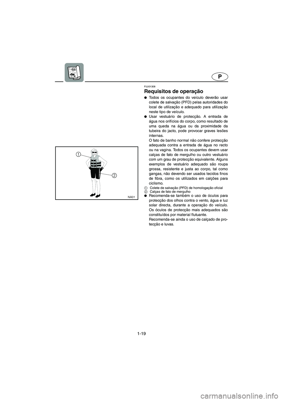 YAMAHA SUV 1200 2003  Manual de utilização (in Portuguese) 1-19
P
PJU01308 
Requisitos de operação  
Todos os ocupantes do veículo deverão usar
colete de salvação (PFD) pelas autoridades do
local de utilização e adequado para utilização
neste tipo 