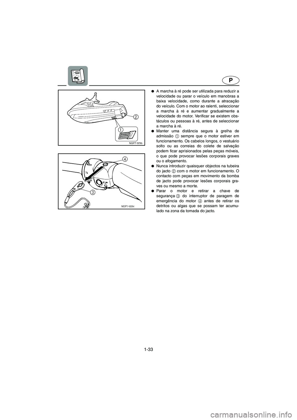 YAMAHA SUV 1200 2003  Manual de utilização (in Portuguese) 1-33
P
A marcha à ré pode ser utilizada para reduzir a
velocidade ou parar o veículo em manobras a
baixa velocidade, como durante a atracação
do veículo. Com o motor ao ralenti, seleccionar
a m