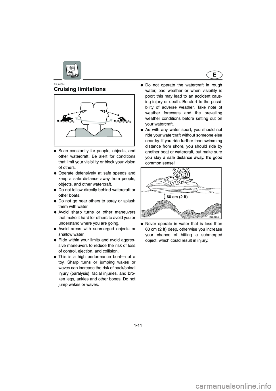 YAMAHA SUV 1200 2002 User Guide 1-11
E
EJU01001 
Cruising limitations  
Scan constantly for people, objects, and
other watercraft. Be alert for conditions
that limit your visibility or block your vision
of others. 
Operate defensi