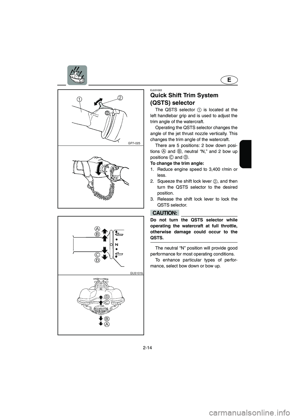 YAMAHA SUV 1200 2002 Service Manual 2-14
E
EJU01022
Quick Shift Trim System
(QSTS) selector
The QSTS selector 1 is located at the
left handlebar grip and is used to adjust the
trim angle of the watercraft.
Operating the QSTS select YAMAHA SUV 1200 2002 Service Manual 2-14
E
EJU01022
Quick Shift Trim System
(QSTS) selector
The QSTS selector 1 is located at the
left handlebar grip and is used to adjust the
trim angle of the watercraft.
Operating the QSTS select