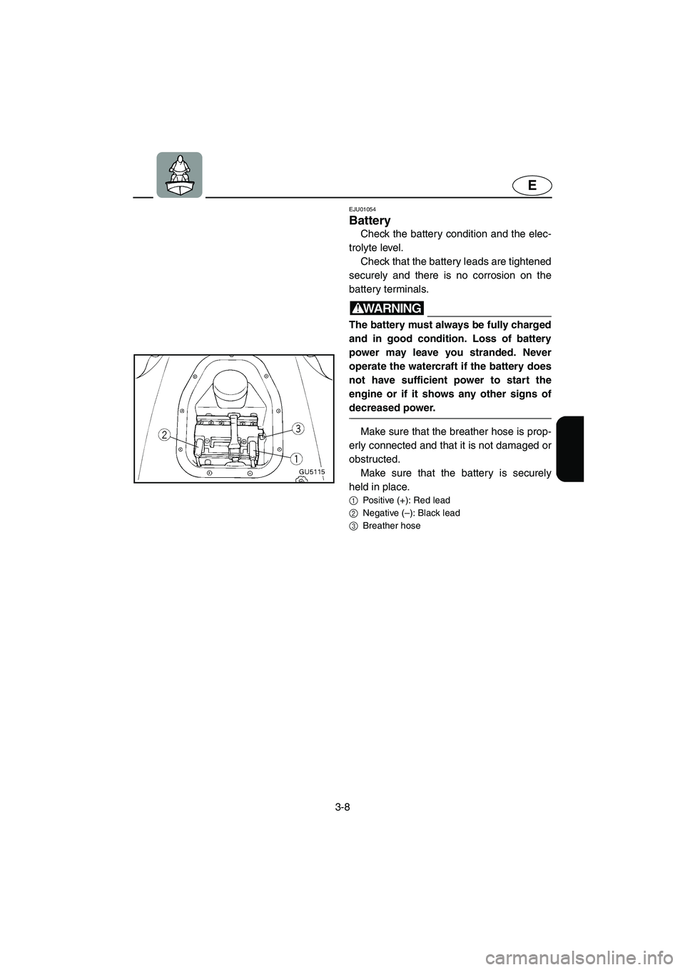 YAMAHA SUV 1200 2002  Owners Manual 3-8
E
EJU01054 
Battery  
Check the battery condition and the elec-
trolyte level. 
Check that the battery leads are tightened
securely and there is no corrosion on the
battery terminals. 
WARNING@ Th