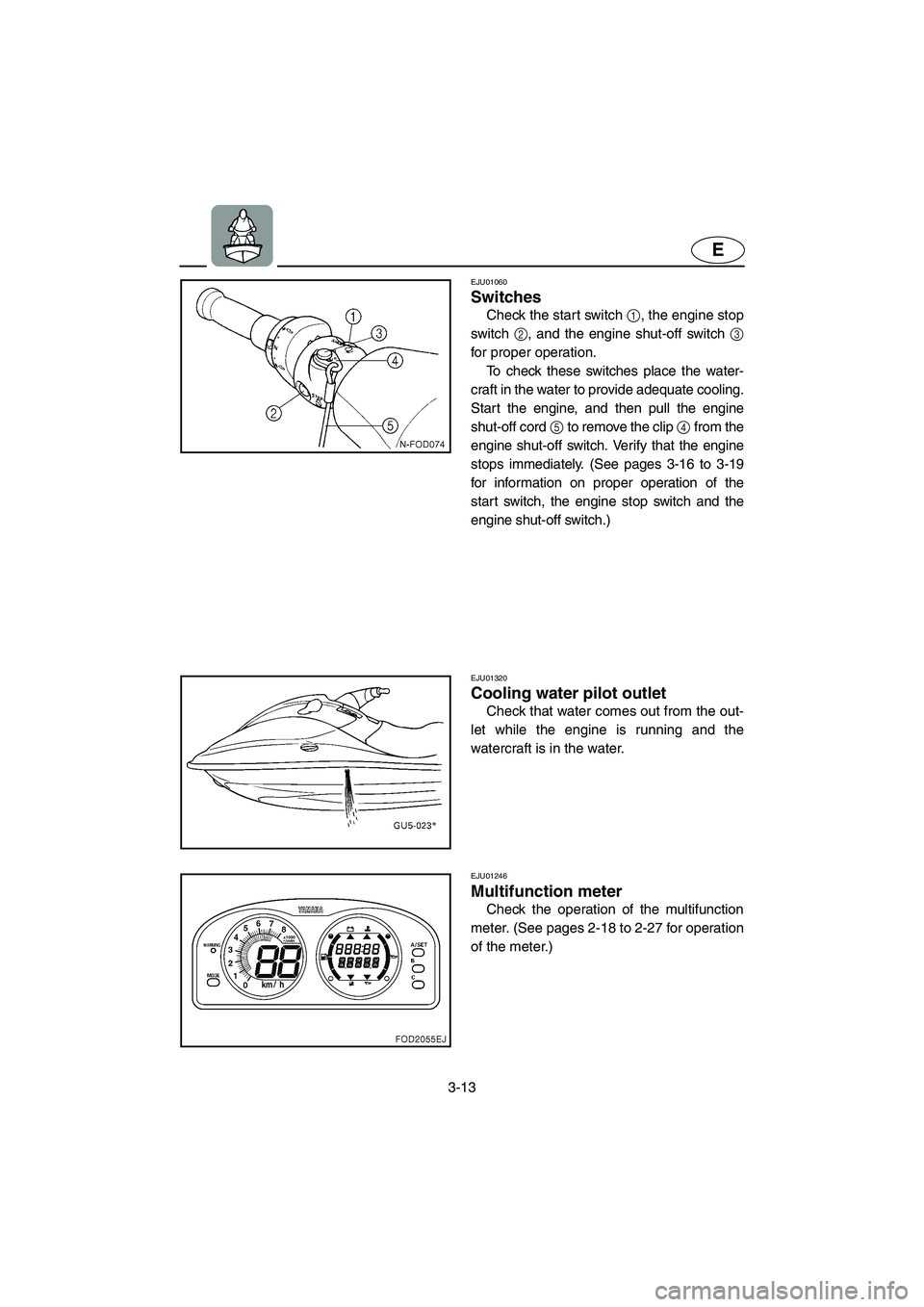 YAMAHA SUV 1200 2002 Manual PDF 3-13
E
EJU01060 
Switches  
Check the start switch 1, the engine stop
switch 2, and the engine shut-off switch 3
for proper operation. 
To check these switches place the water-
craft in the water to p