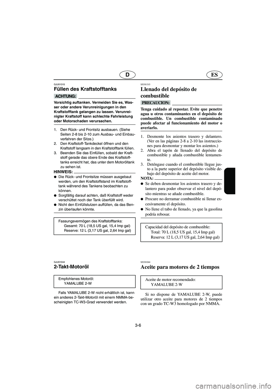 YAMAHA SUV 1200 2002  Betriebsanleitungen (in German) 3-6
ESD
GJU01315 
Füllen des Kraftstofftanks  
@ Vorsichtig auftanken. Vermeiden Sie es, Was-
ser oder andere Verunreinigungen in den 
Kraftstofftank gelangen zu lassen. Verunrei-
nigter Kraftstoff k