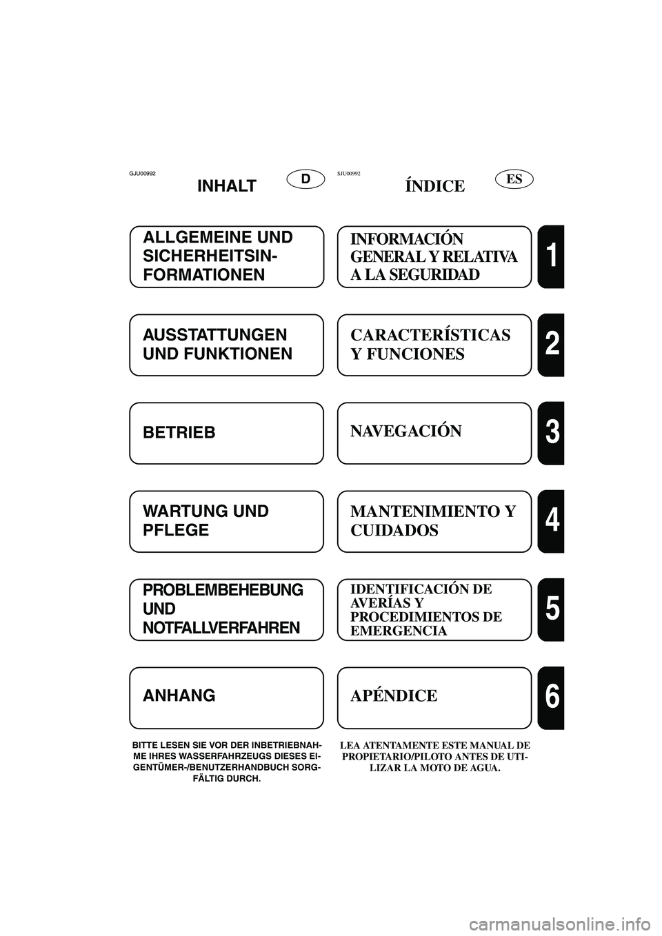 YAMAHA SUV 1200 2002  Betriebsanleitungen (in German) ESDGJU00992 
INHALT
BITTE LESEN SIE VOR DER INBETRIEBNAH-
ME IHRES WASSERFAHRZEUGS DIESES EI-
GENTÜMER-/BENUTZERHANDBUCH SORG-
FÄLTIG DURCH.LEA ATENTAMENTE ESTE MANUAL DE 
PROPIETARIO/PILOTO ANTES D