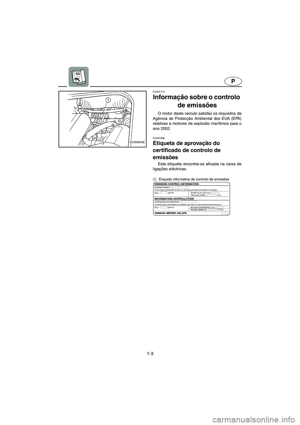 YAMAHA SUV 1200 2002  Manual de utilização (in Portuguese) 1-3
P
PJU01174
Informação sobre o controlo 
de emissões 
O motor deste veículo satisfaz os requisitos da
Agência de Protecção Ambiental dos EUA (EPA)
relativas a motores de explosão marítimos