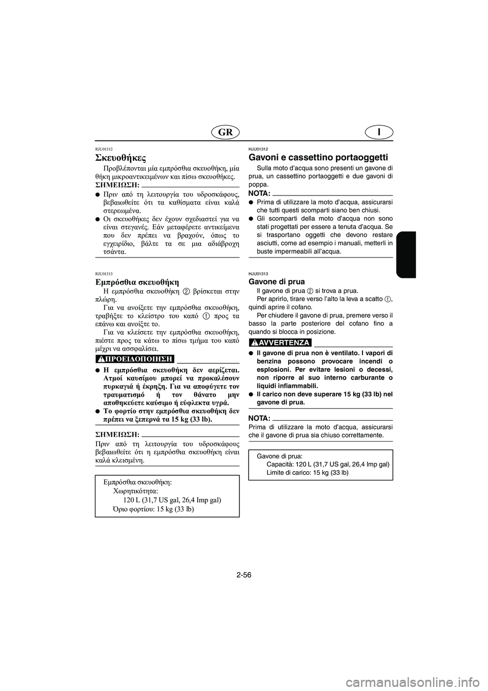 YAMAHA SUV 1200 2002 Manual de utilização (in Portuguese) 2-56
IGR
RJU01312
Σκευοθήκες
Προβλέπονται μία εμπρόσθια σκευοθήκη, μία
θήκη μικροαντικειμένων και πίσω σκευοθήκες YAMAHA SUV 1200 2002 Manual de utilização (in Portuguese) 2-56
IGR
RJU01312
Σκευοθήκες
Προβλέπονται μία εμπρόσθια σκευοθήκη, μία
θήκη μικροαντικειμένων και πίσω σκευοθήκες