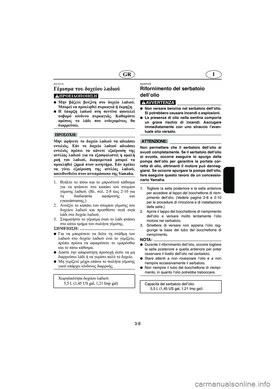 YAMAHA SUV 1200 2002  Manual de utilização (in Portuguese) 3-8
IGR
RJU01316 
Γέμισμα του δοχείου λαδιού  
@ Μην βάζετε βενζίνη στο δοχείο λαδιού.
Μπορεί να προκληθεί πυρκαγιά ή 