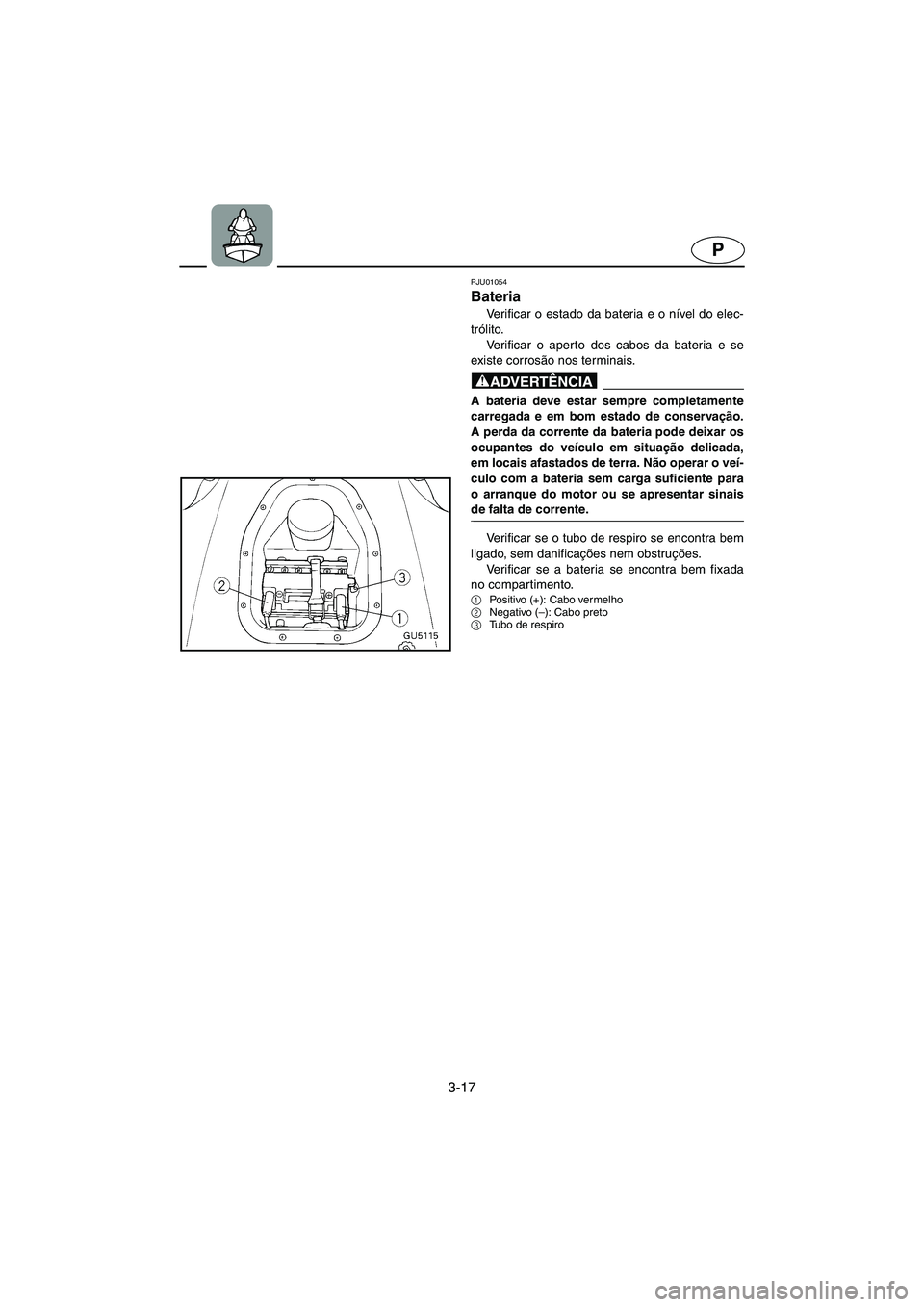 YAMAHA SUV 1200 2002 Manual de utilização (in Portuguese) 3-17
P
PJU01054
Bateria
Verificar o estado da bateria e o nível do elec-
trólito.
Verificar o aperto dos cabos da bateria e se
existe corrosão nos terminais.
@ A bateria deve estar sempre comp YAMAHA SUV 1200 2002 Manual de utilização (in Portuguese) 3-17
P
PJU01054
Bateria
Verificar o estado da bateria e o nível do elec-
trólito.
Verificar o aperto dos cabos da bateria e se
existe corrosão nos terminais.
@ A bateria deve estar sempre comp