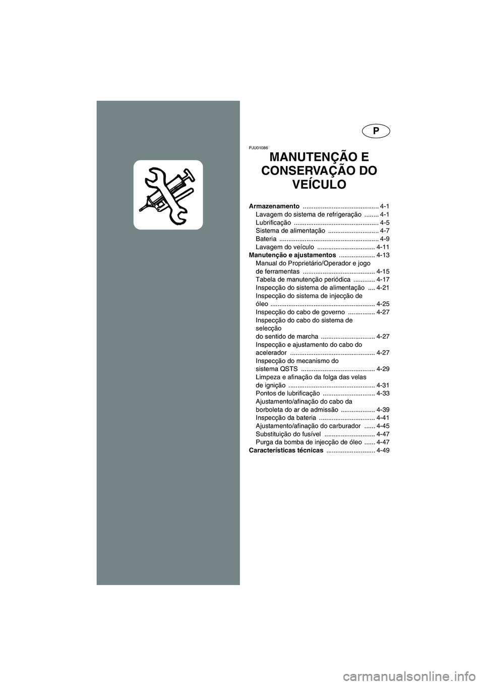 YAMAHA SUV 1200 2002 Manual de utilização (in Portuguese) P
PJU01086
MANUTENÇÃO E
CONSERVAÇÃO DO
VEÍCULO
Armazenamento .......................................... 4-1
Lavagem do sistema de refrigeração ........ 4-1
Lubrificação ................... YAMAHA SUV 1200 2002 Manual de utilização (in Portuguese) P
PJU01086
MANUTENÇÃO E
CONSERVAÇÃO DO
VEÍCULO
Armazenamento .......................................... 4-1
Lavagem do sistema de refrigeração ........ 4-1
Lubrificação ...................