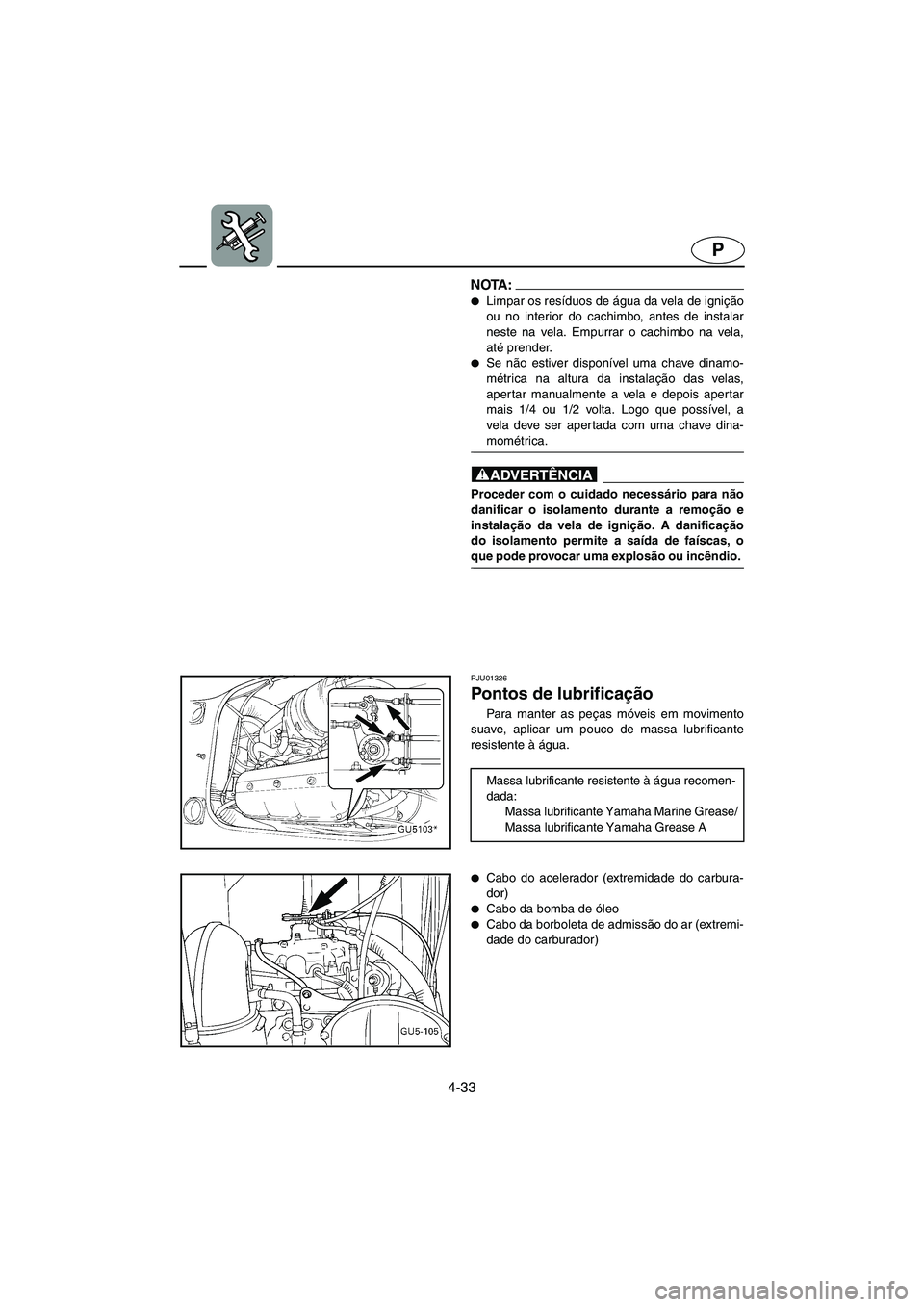 YAMAHA SUV 1200 2002  Manual de utilização (in Portuguese) 4-33
P
NOTA :@ Limpar os resíduos de água da vela de ignição
ou no interior do cachimbo, antes de instalar
neste na vela. Empurrar o cachimbo na vela,
até prender. 
Se não estiver disponível 