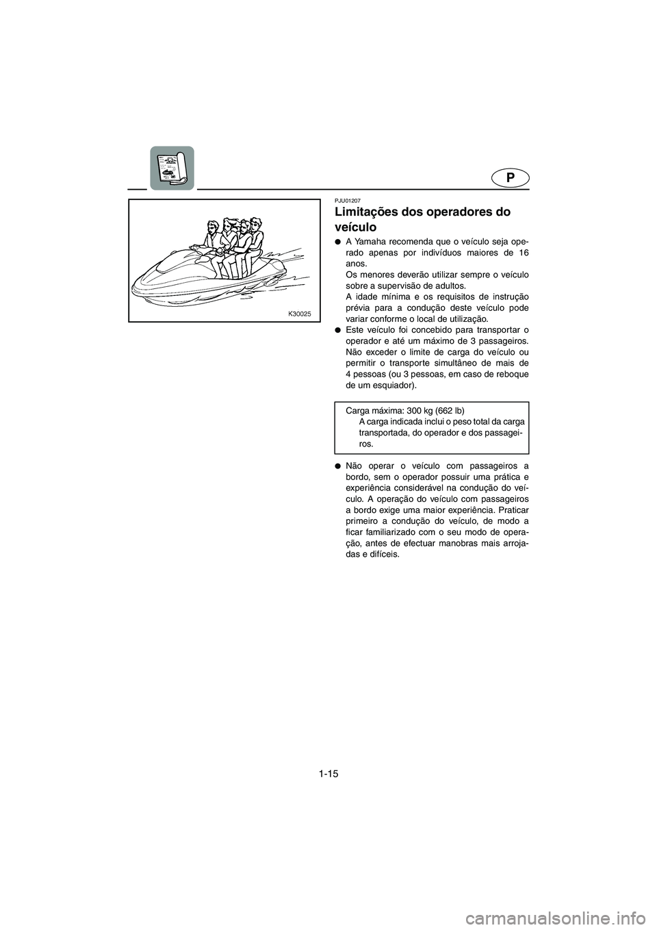 YAMAHA SUV 1200 2002  Manual de utilização (in Portuguese) 1-15
P
PJU01207 
Limitações dos operadores do 
veículo  
A Yamaha recomenda que o veículo seja ope-
rado apenas por indivíduos maiores de 16
anos. 
Os menores deverão utilizar sempre o veículo