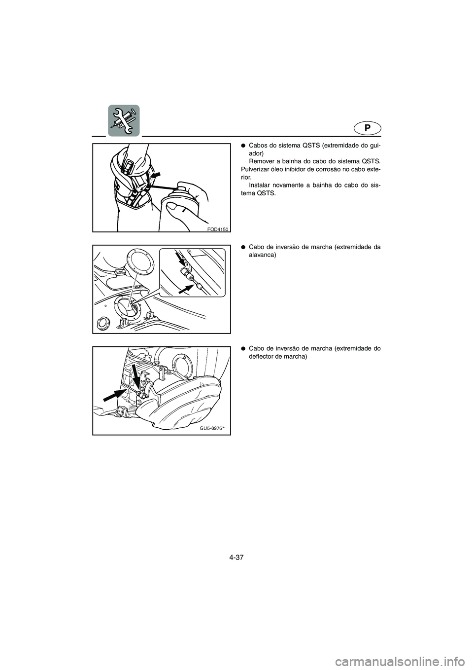YAMAHA SUV 1200 2002  Manual de utilização (in Portuguese) 4-37
P
Cabos do sistema QSTS (extremidade do gui-
ador) 
Remover a bainha do cabo do sistema QSTS.
Pulverizar óleo inibidor de corrosão no cabo exte-
rior. 
Instalar novamente a bainha do cabo do s