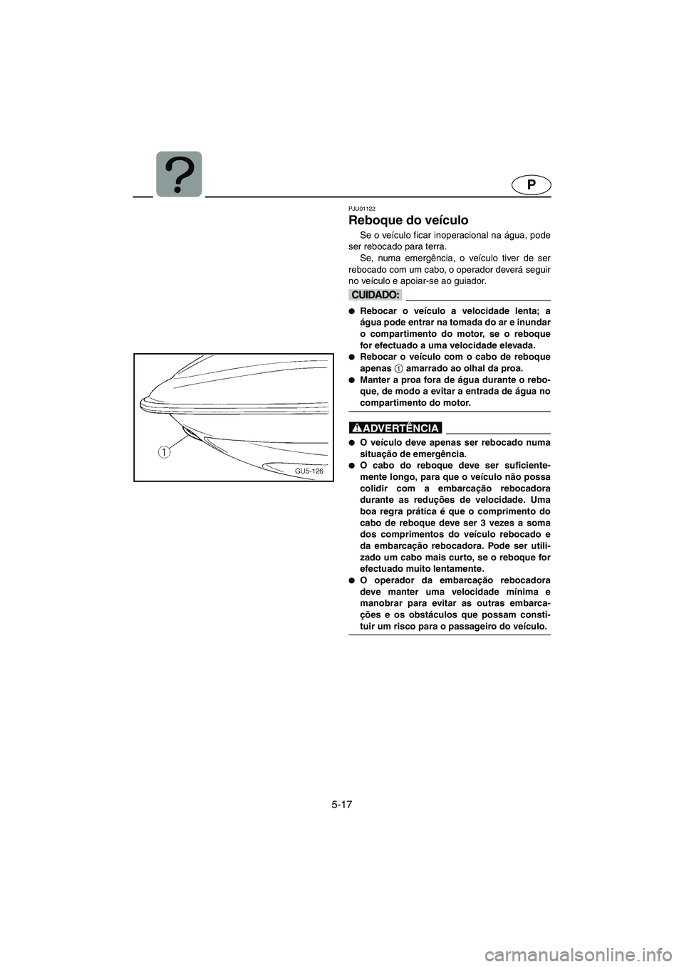 YAMAHA SUV 1200 2002 Manuale duso (in Italian) 5-17
P
PJU01122
Reboque do veículo
Se o veículo ficar inoperacional na água, pode
ser rebocado para terra.
Se, numa emergência, o veículo tiver de ser
rebocado com um cabo, o operador deverá YAMAHA SUV 1200 2002 Manuale duso (in Italian) 5-17
P
PJU01122
Reboque do veículo
Se o veículo ficar inoperacional na água, pode
ser rebocado para terra.
Se, numa emergência, o veículo tiver de ser
rebocado com um cabo, o operador deverá