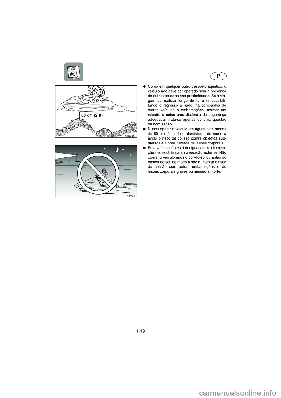 YAMAHA SUV 1200 2002  Manual de utilização (in Portuguese) 1-19
P
Como em qualquer outro despor to aquático, o
veículo não deve ser operado sem a presença
de outras pessoas nas proximidades. Se a via-
gem se realizar longe de terra (impossibili-
tando o 