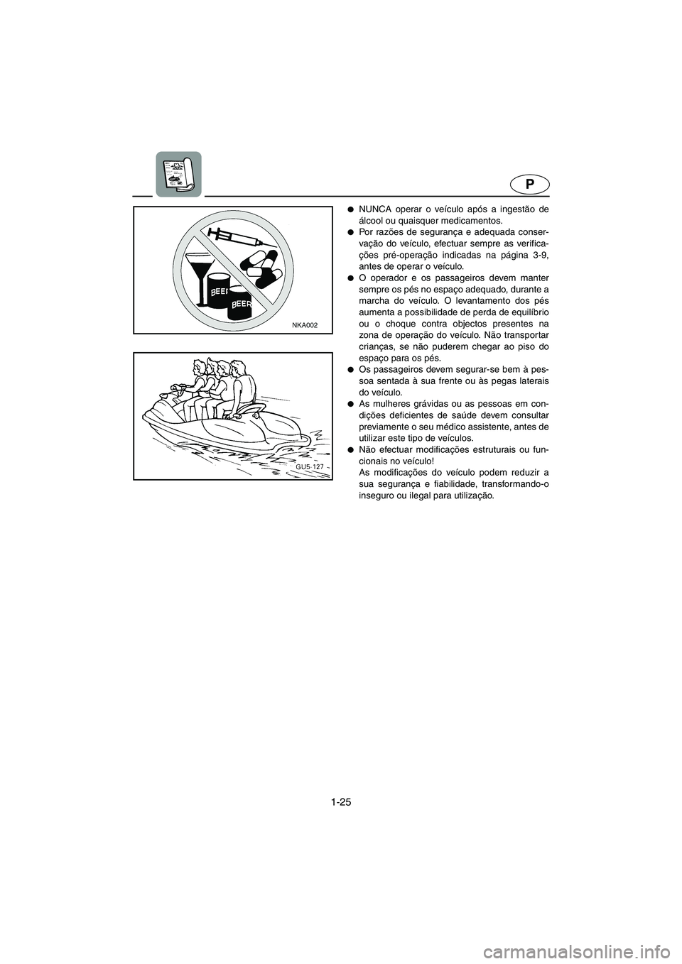 YAMAHA SUV 1200 2002  Manual de utilização (in Portuguese) 1-25
P
NUNCA operar o veículo após a ingestão de
álcool ou quaisquer medicamentos. 
Po r  ra zões de segurança e adequada conser-
vação do veículo, efectuar sempre as verifica-
ções pré-