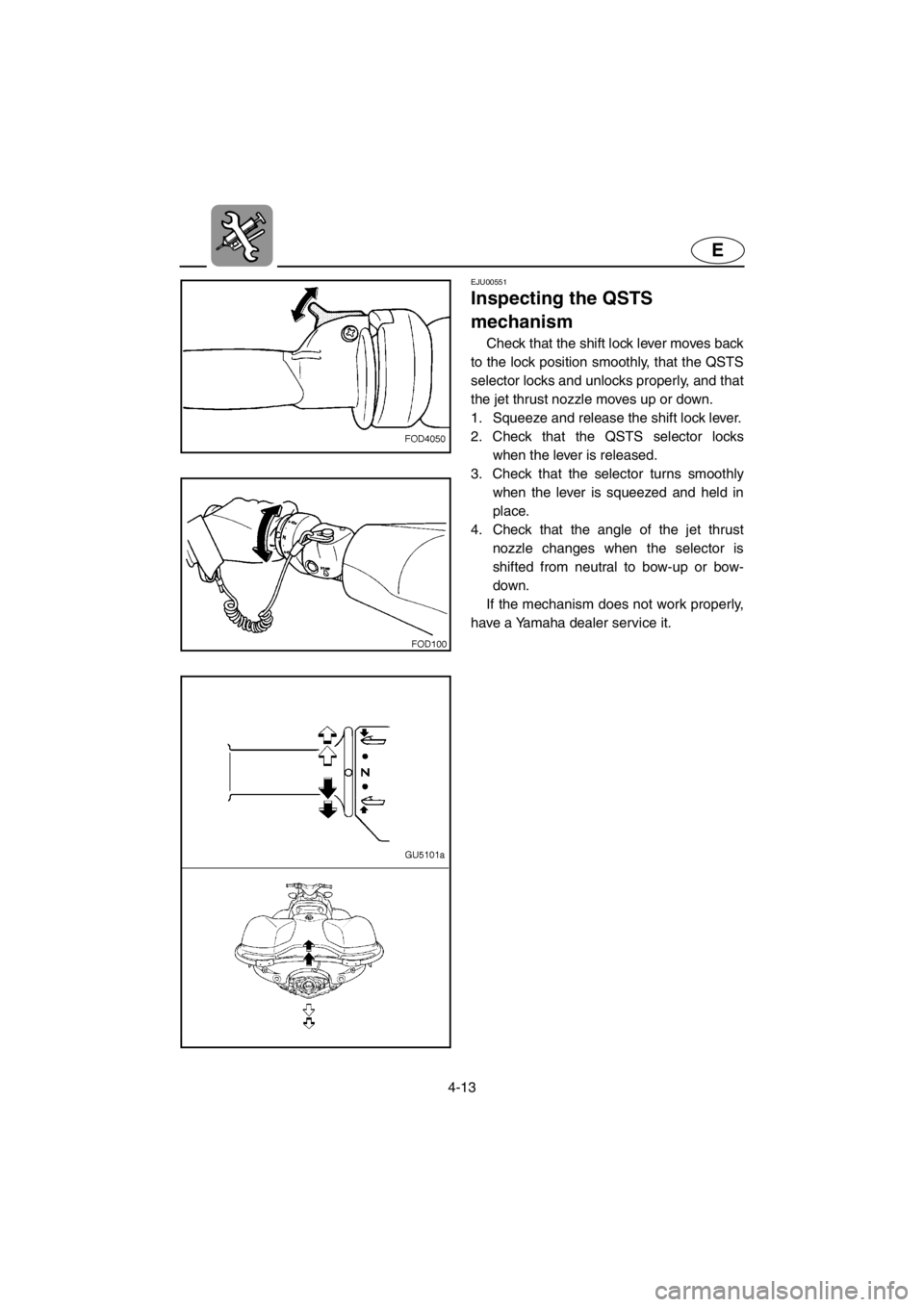 YAMAHA SUV 1200 2001 Owners Manual 4-13
E
EJU00551
Inspecting the QSTS
mechanism
Check that the shift lock lever moves back
to the lock position smoothly, that the QSTS
selector locks and unlocks properly, and that
the jet thrust nozz YAMAHA SUV 1200 2001 Owners Manual 4-13
E
EJU00551
Inspecting the QSTS
mechanism
Check that the shift lock lever moves back
to the lock position smoothly, that the QSTS
selector locks and unlocks properly, and that
the jet thrust nozz