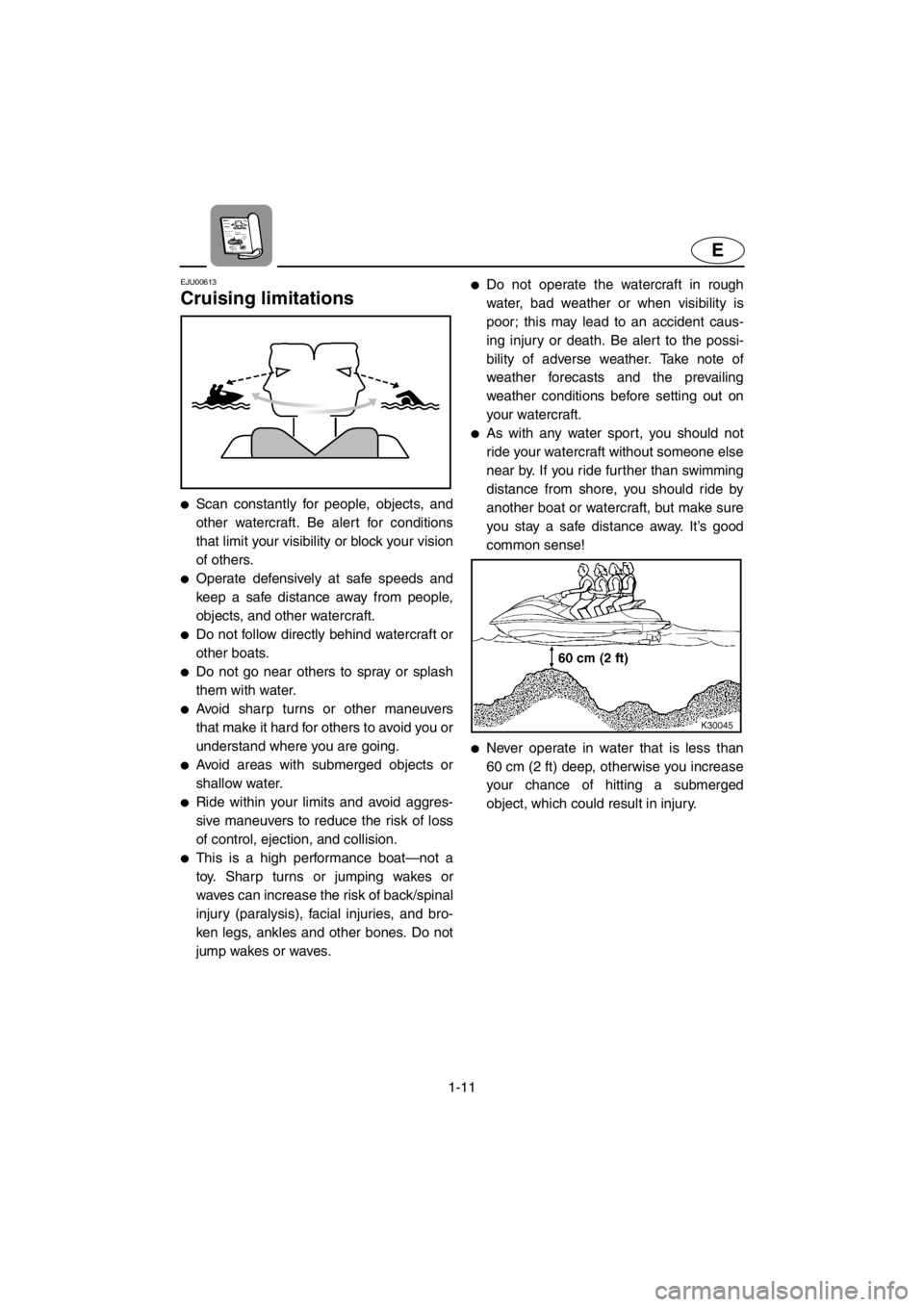 YAMAHA SUV 1200 2001 User Guide 1-11
E
EJU00613
Cruising limitations
●Scan constantly for people, objects, and
other watercraft. Be alert for conditions
that limit your visibility or block your vision
of others.
●Operate defensi