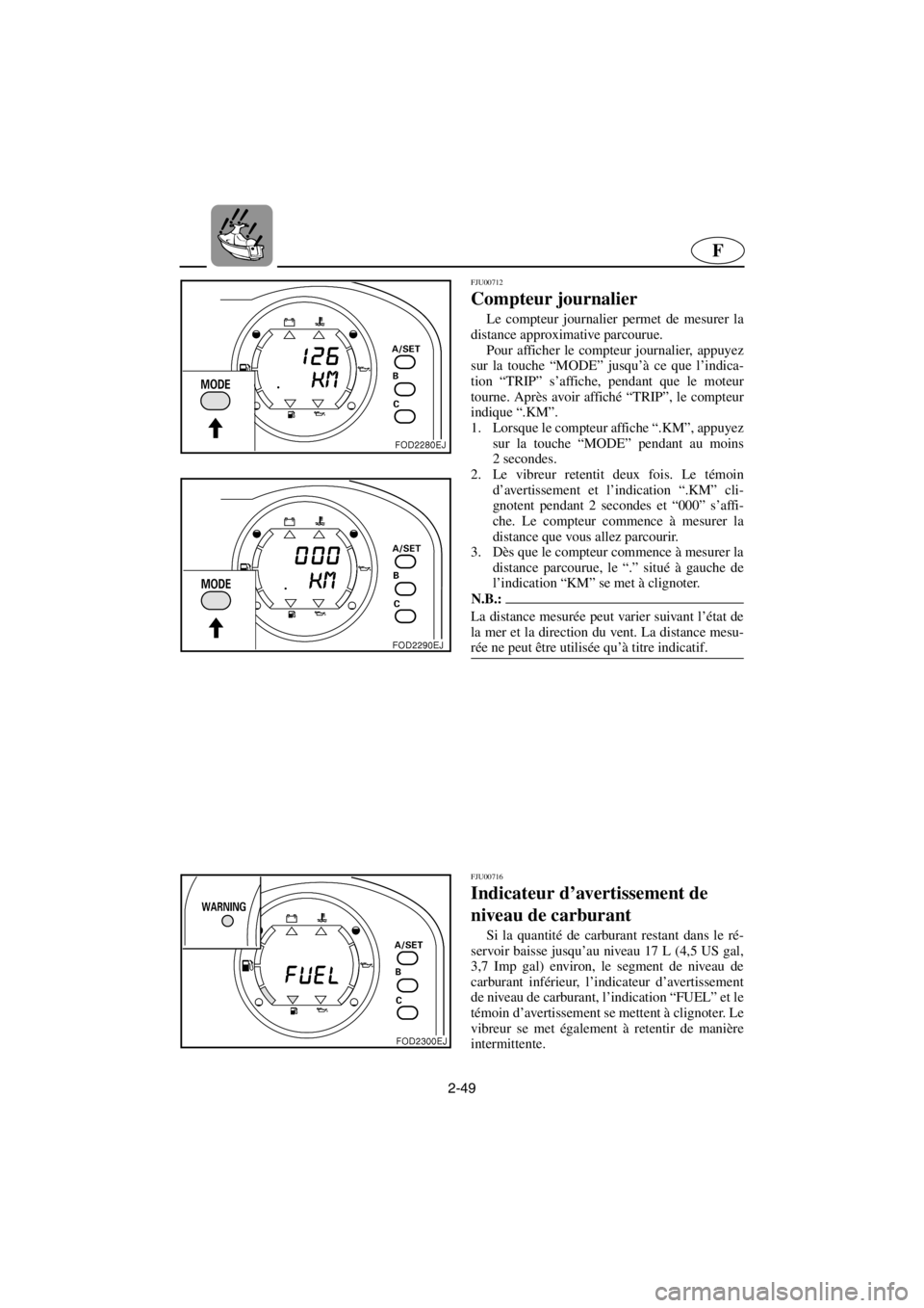 YAMAHA SUV 1200 2001 Manuale de Empleo (in Spanish) 2-49
F
FJU00712
Compteur journalier
Le compteur journalier permet de mesurer la
distance approximative parcourue.
Pour afficher le compteur journalier, appuyez
sur la touche “MODE” jusqu’à YAMAHA SUV 1200 2001 Manuale de Empleo (in Spanish) 2-49
F
FJU00712
Compteur journalier
Le compteur journalier permet de mesurer la
distance approximative parcourue.
Pour afficher le compteur journalier, appuyez
sur la touche “MODE” jusqu’à