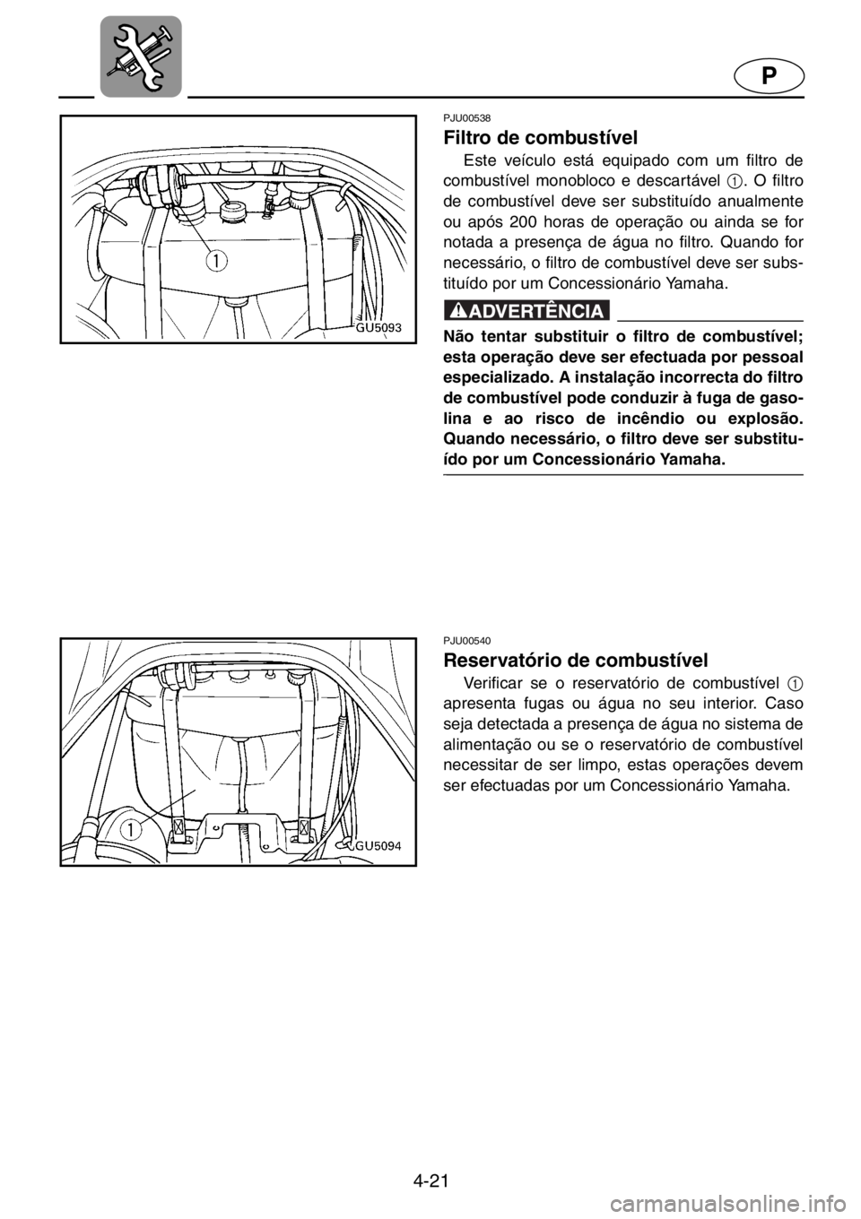 YAMAHA SUV 1200 2001  Manuale duso (in Italian) 4-21
P
PJU00538 
Filtro de combustível  
Este veículo está equipado com um filtro de
combustível monobloco e descartável 1
. O filtro
de combustível deve ser substituído anualmente
ou após 200