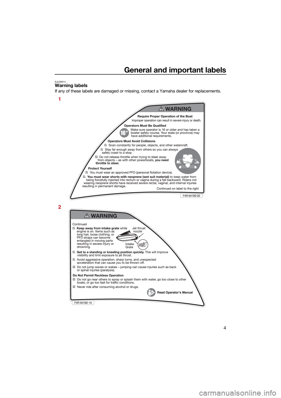 YAMAHA SUPERJET 2022 User Guide General and important labels
4
EJU35914Warning labels
If any of these labels are damaged or missing, contact a Yamaha dealer for replacements.
1
2
UF4R71E0.book Page 4 Monday, May 10, 2021 1:14 PM YAMAHA SUPERJET 2022 User Guide General and important labels
4
EJU35914Warning labels
If any of these labels are damaged or missing, contact a Yamaha dealer for replacements.
1
2
UF4R71E0.book Page 4 Monday, May 10, 2021 1:14 PM