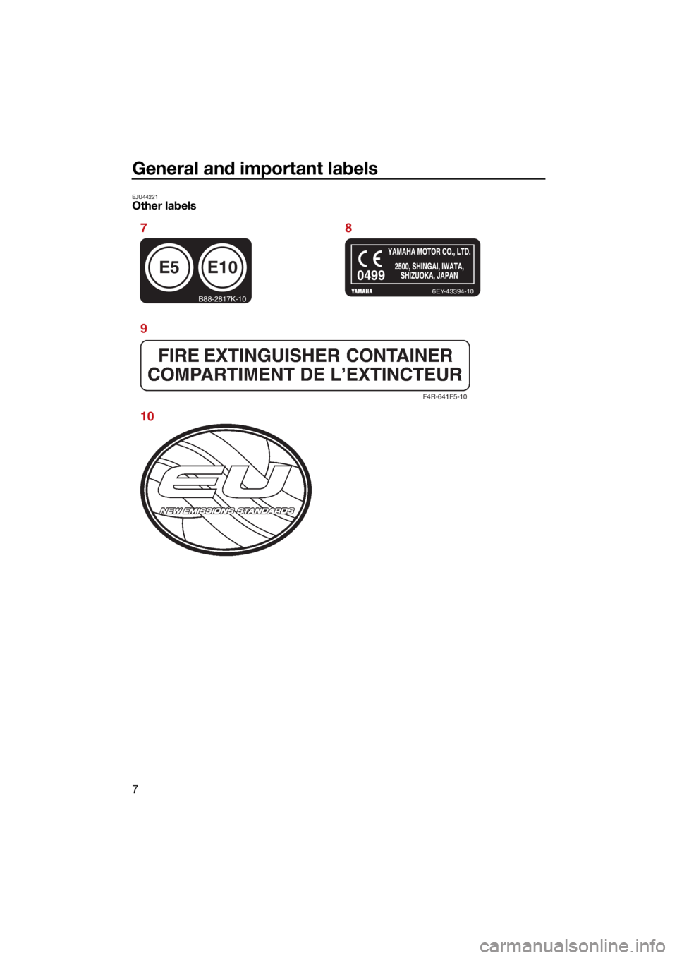 YAMAHA SUPERJET 2022 User Guide General and important labels
7
EJU44221Other labels
F4R-641F5-10
E5
B88-2817K-10
E10
6EY-43394-10
0499
78
9
10
UF4R71E0.book Page 7 Monday, May 10, 2021 1:14 PM YAMAHA SUPERJET 2022 User Guide General and important labels
7
EJU44221Other labels
F4R-641F5-10
E5
B88-2817K-10
E10
6EY-43394-10
0499
78
9
10
UF4R71E0.book Page 7 Monday, May 10, 2021 1:14 PM
