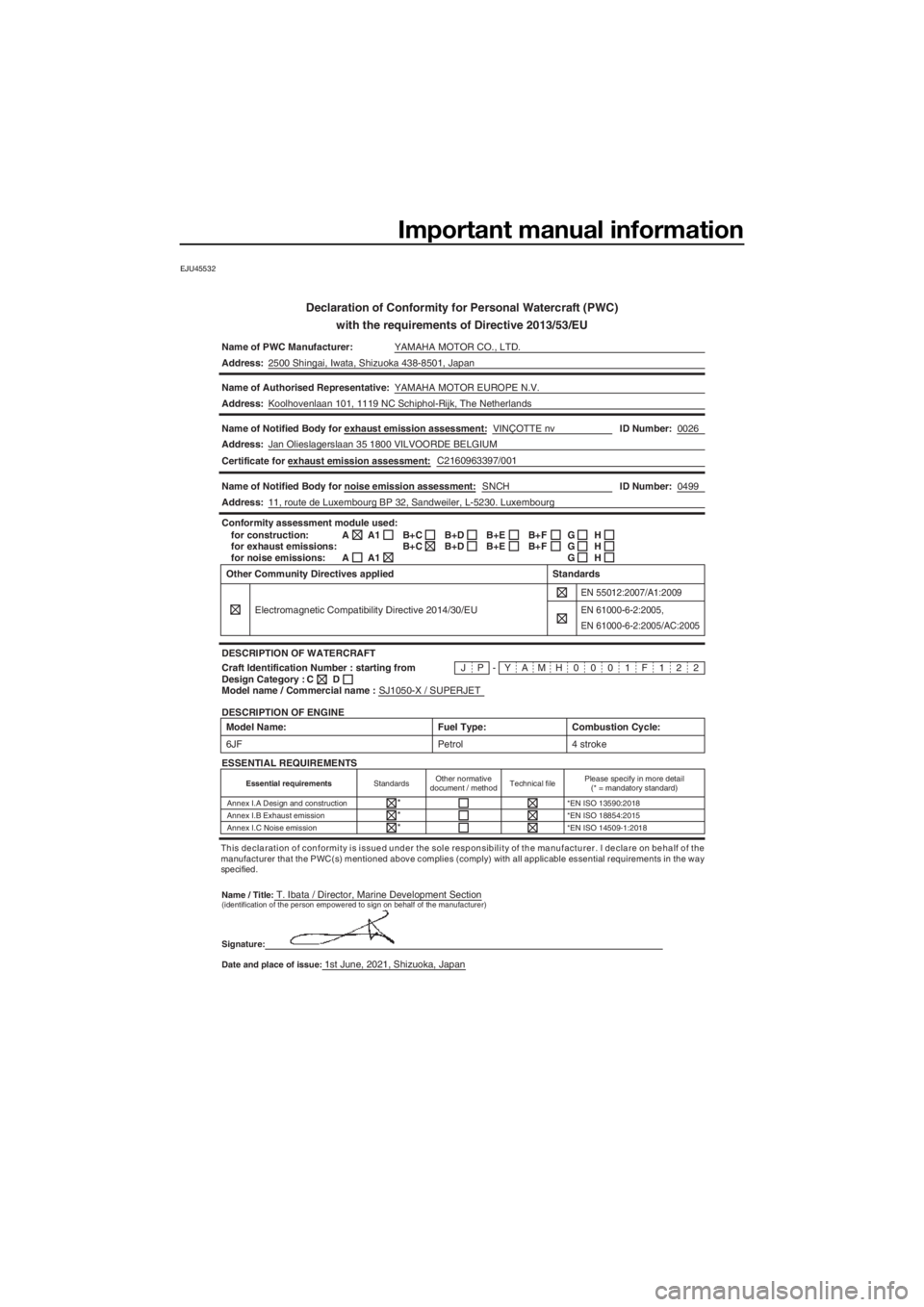 YAMAHA SUPERJET 2021 Owners Manual Important manual information
EJU45532
Declaration of Conformity for Personal Watercraft (PWC)with the requirements of Directive 2013/53/EU
Name of PWC Manufacturer: YAMAHA MOTOR CO., LTD.
Address: 250 YAMAHA SUPERJET 2021 Owners Manual Important manual information
EJU45532
Declaration of Conformity for Personal Watercraft (PWC)with the requirements of Directive 2013/53/EU
Name of PWC Manufacturer: YAMAHA MOTOR CO., LTD.
Address: 250