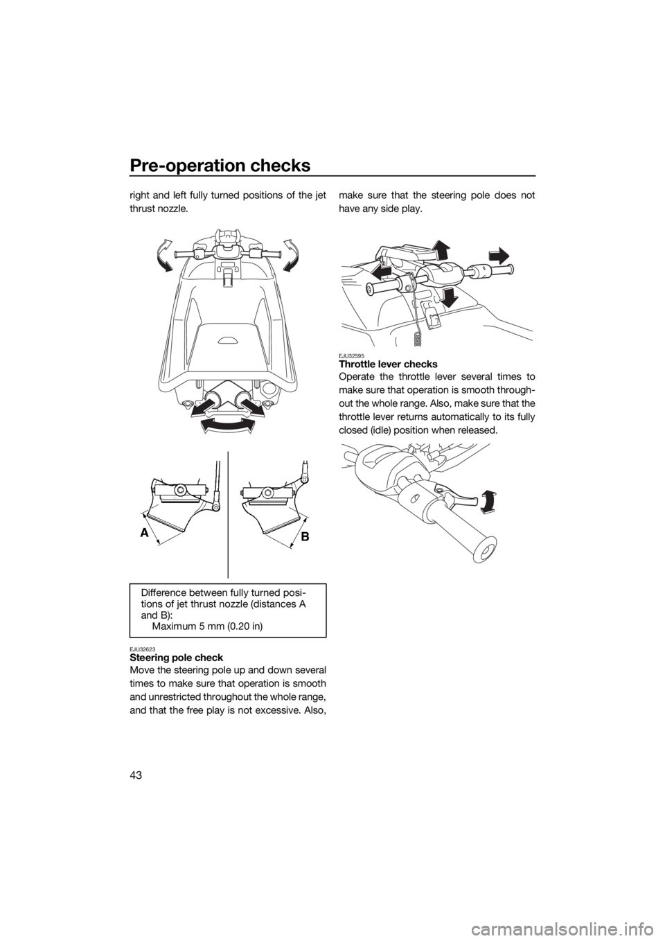 YAMAHA SUPERJET 2022 Service Manual Pre-operation checks
43
right and left fully turned positions of the jet
thrust nozzle.
EJU32623Steering pole check
Move the steering pole up and down several
times to make sure that operation is smoo YAMAHA SUPERJET 2022 Service Manual Pre-operation checks
43
right and left fully turned positions of the jet
thrust nozzle.
EJU32623Steering pole check
Move the steering pole up and down several
times to make sure that operation is smoo