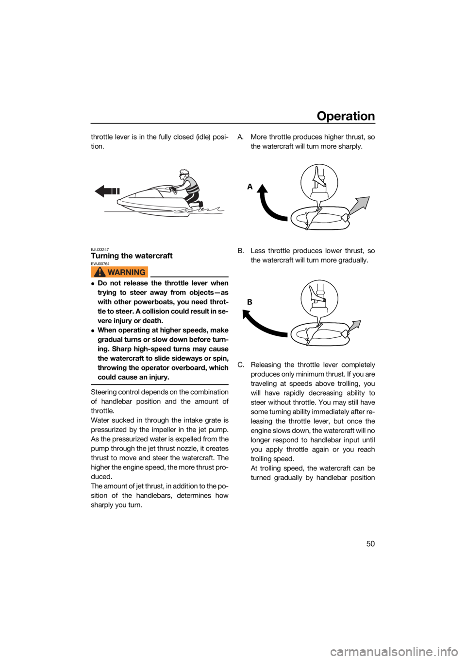 YAMAHA SUPERJET 2022 Workshop Manual Operation
50
throttle lever is in the fully closed (idle) posi-
tion.
EJU33247Turning the watercraftEWJ00764
Do not release the throttle lever when
trying to steer away from objects—as
with other YAMAHA SUPERJET 2022 Workshop Manual Operation
50
throttle lever is in the fully closed (idle) posi-
tion.
EJU33247Turning the watercraftEWJ00764
Do not release the throttle lever when
trying to steer away from objects—as
with other
