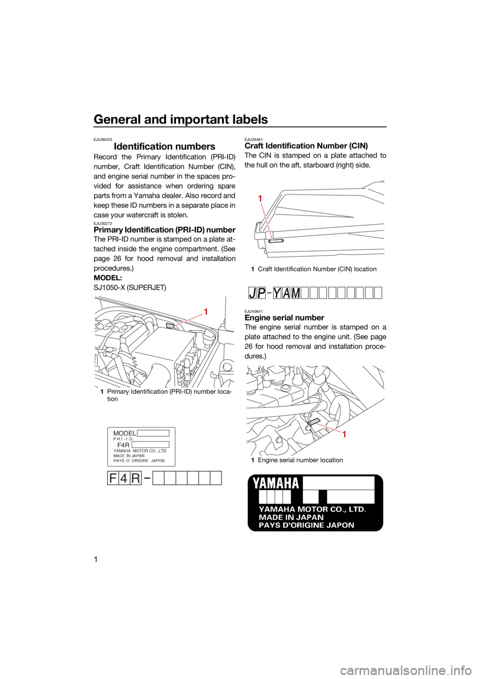YAMAHA SUPERJET 2021 Owners Manual General and important labels
1
EJU36453
Identification numbers
Record the Primary Identification (PRI-ID)
number, Craft Identification Number (CIN),
and engine serial number in the spaces pro-
vided f YAMAHA SUPERJET 2021 Owners Manual General and important labels
1
EJU36453
Identification numbers
Record the Primary Identification (PRI-ID)
number, Craft Identification Number (CIN),
and engine serial number in the spaces pro-
vided f
